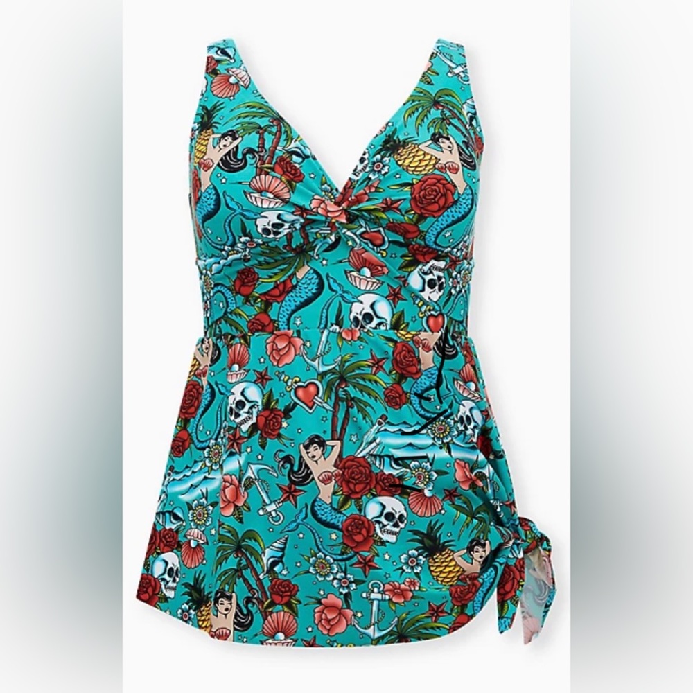 Torrid Aqua Tattoo Print Wireless Asymmetrical One Piece Swim Dress